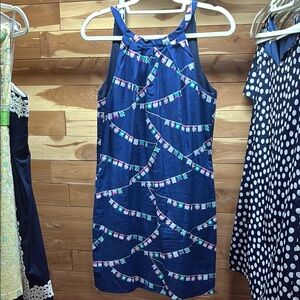 Blue and White Sleeveless Halter Mini Dress